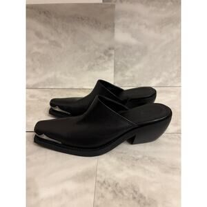 Mango Women’s Metallic Toe Leather Shoes Slip On Mules Black Size 7.5 Block Heel